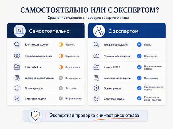 Сравнение самостоятельной проверки товарного знака и проверки с экспертом
