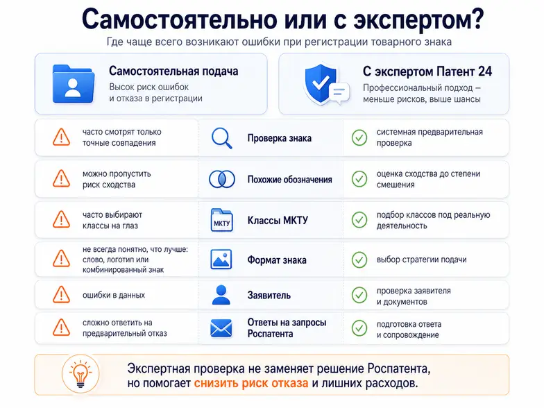 Самостоятельная подача заявки на товарный знак или сопровождение эксперта Патент 24